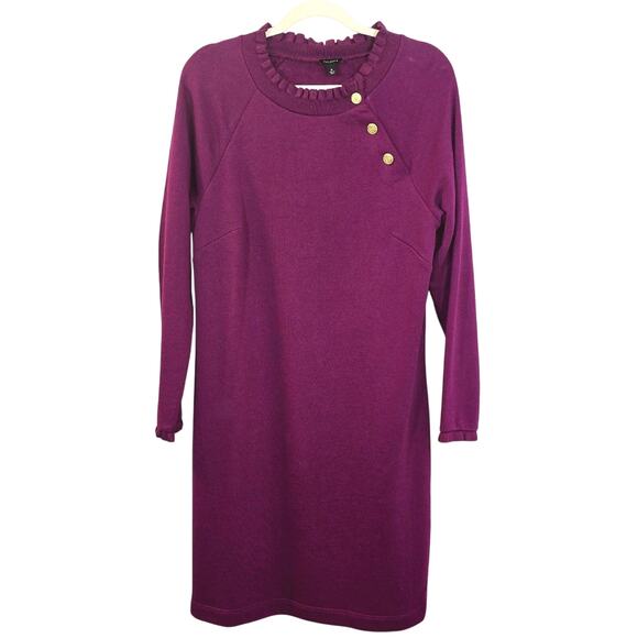 Y Talbots Woman Purple Knit Long Sleeve Dress Size M Cotton Gold Button Terry - Picture 1 of 10